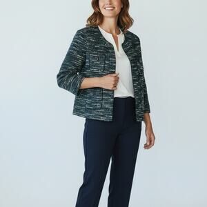 St. John Ribbon Knit Shimmer Jacket Womens Sz 16 Blue Green Tweed Open Front Y2K